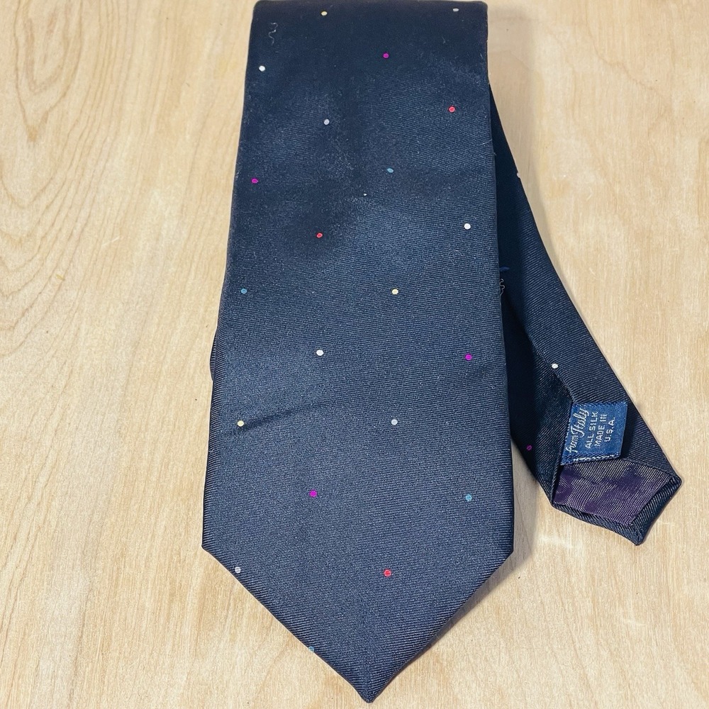 Vintage Damon Necktie 100% Silk Black With Multicolor Dots Made In USA‎
